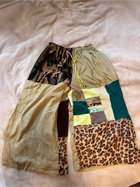 Wide Leg Patchwork Pants in Tan and Green